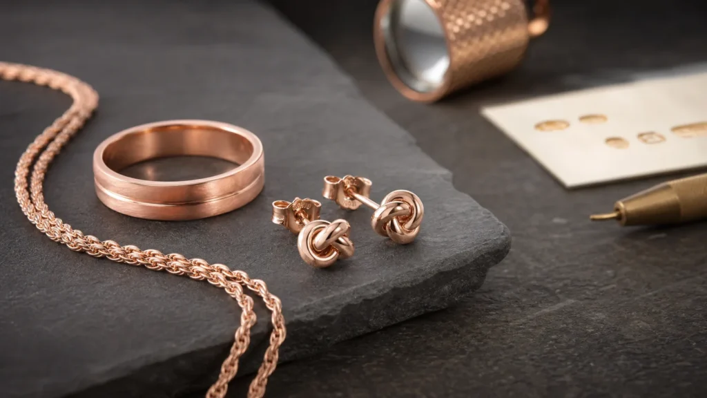 Pink gold ring, chain, and earrings on a jeweler workbench