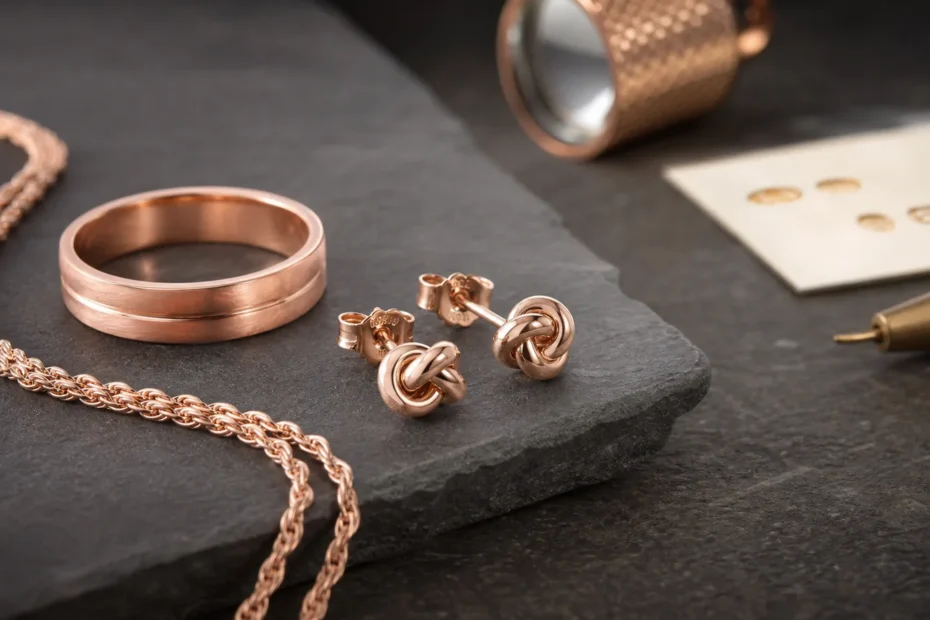Pink gold ring, chain, and earrings on a jeweler workbench