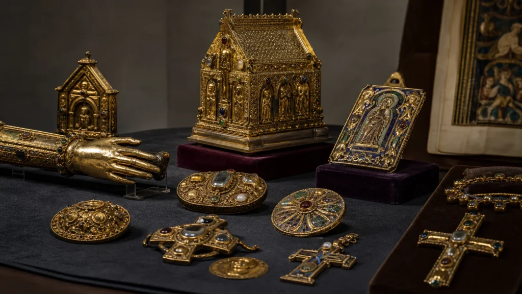 Famous medieval gold artifacts displayed on a museum conservation table