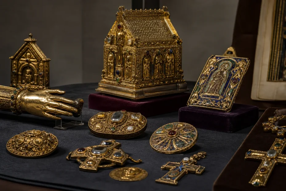 Famous medieval gold artifacts displayed on a museum conservation table