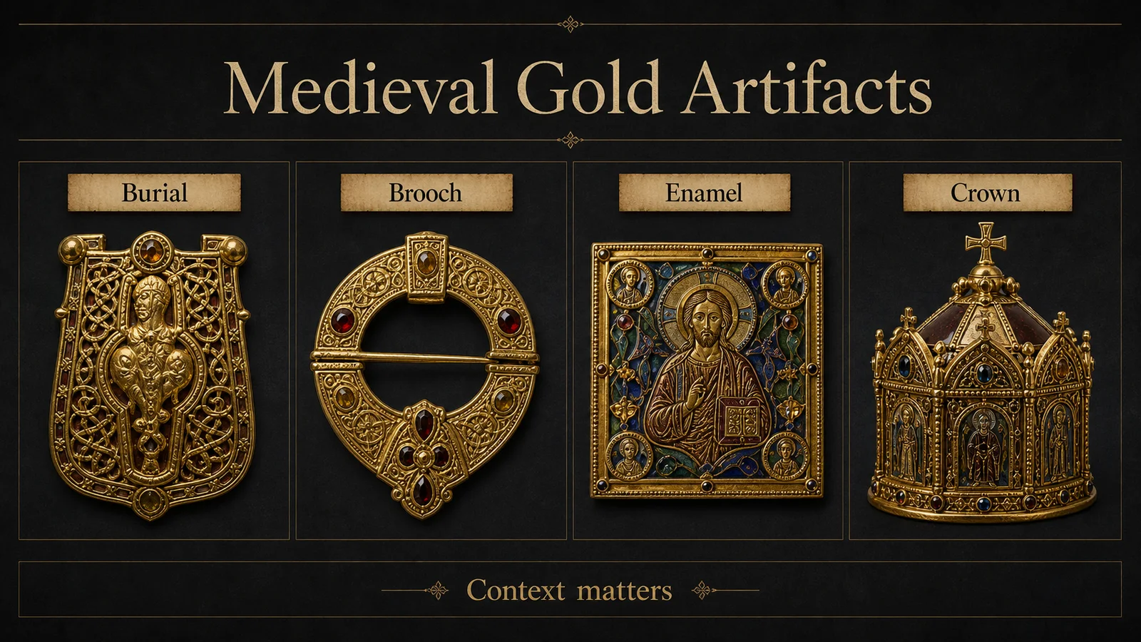 Infographic comparing medieval gold artifacts by burial, brooch, enamel, crown, and context