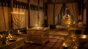 Gold furnishings inside the biblical Tabernacle shown as a careful historical reconstruction