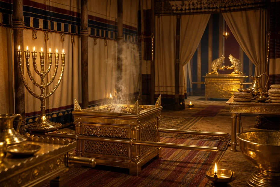 Gold furnishings inside the biblical Tabernacle shown as a careful historical reconstruction
