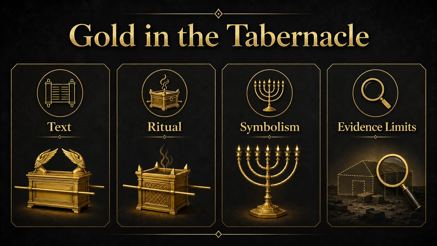 Infographic explaining text ritual symbolism and evidence limits for gold in the Tabernacle