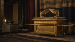 Documentary reconstruction of the Ark of the Covenant with gold overlay in a sanctuary setting