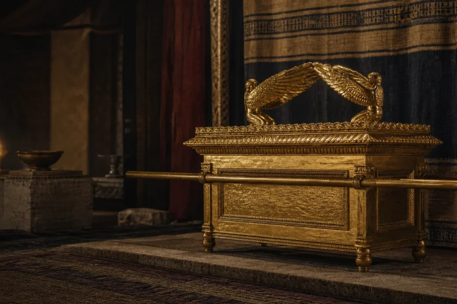 Documentary reconstruction of the Ark of the Covenant with gold overlay in a sanctuary setting