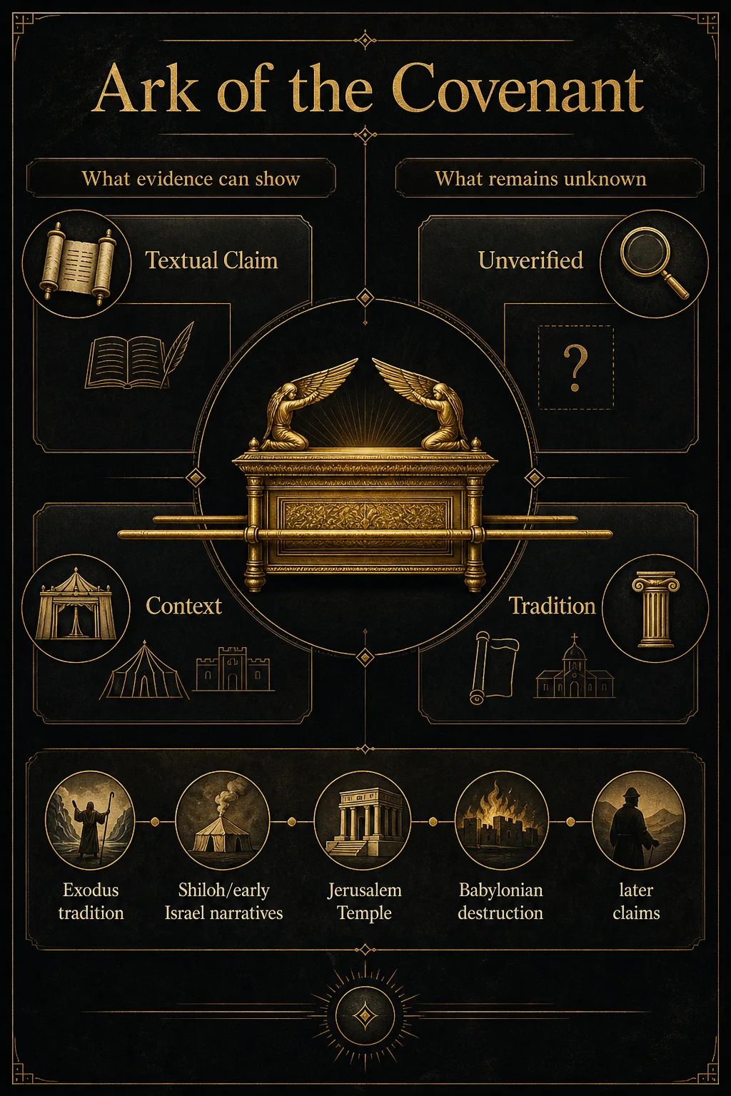 Infographic explaining textual claims context traditions and unverified evidence around the Ark of the Covenant