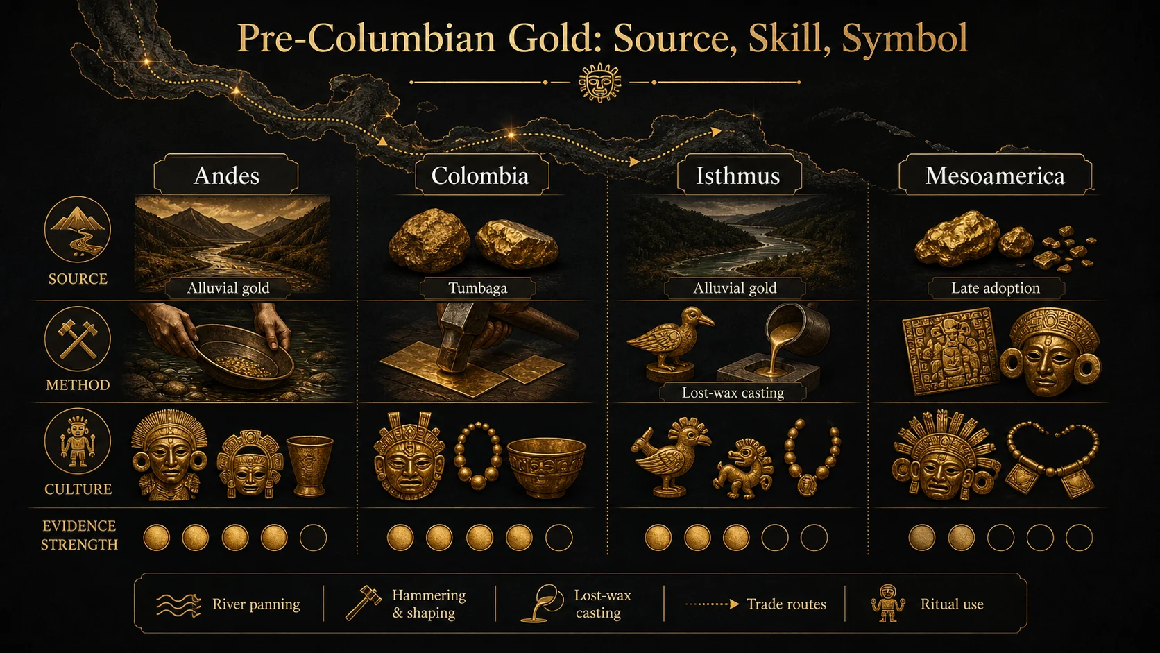 Infographic comparing Pre-Columbian American gold regions, methods, and evidence