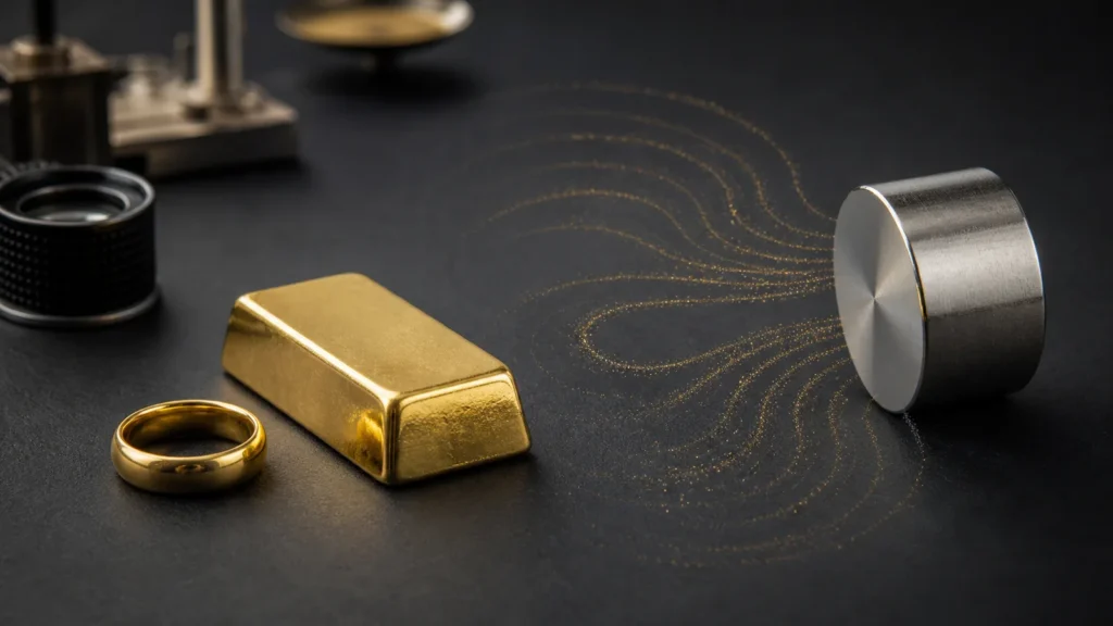 Pure gold bar and ring beside a magnet showing that pure gold is not attracted to magnets