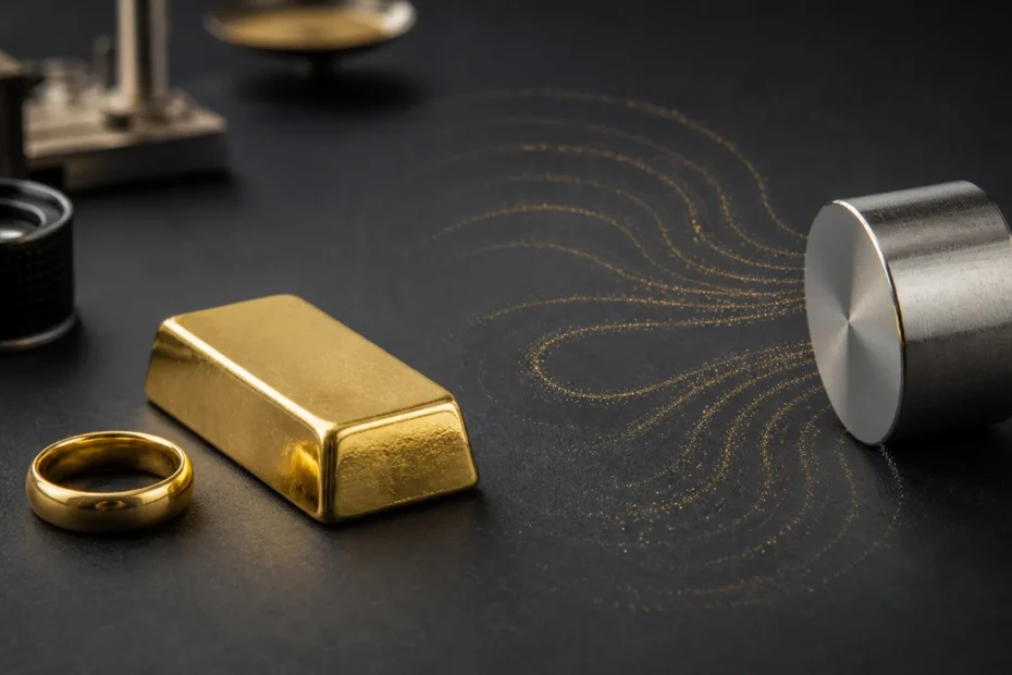 Pure gold bar and ring beside a magnet showing that pure gold is not attracted to magnets