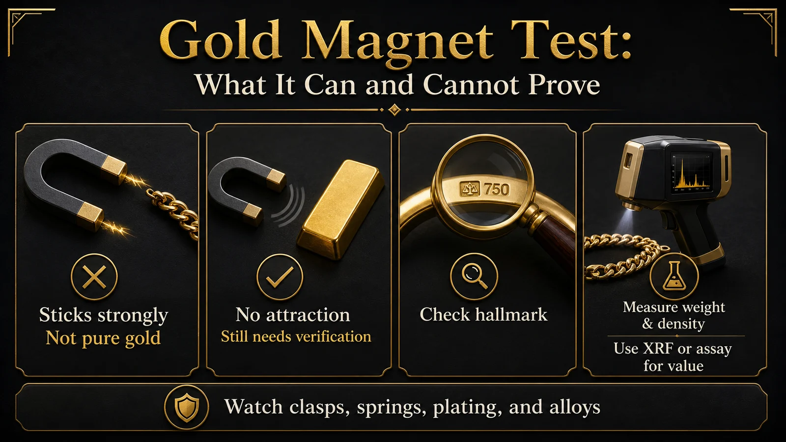 Infographic explaining what a gold magnet test can and cannot prove
