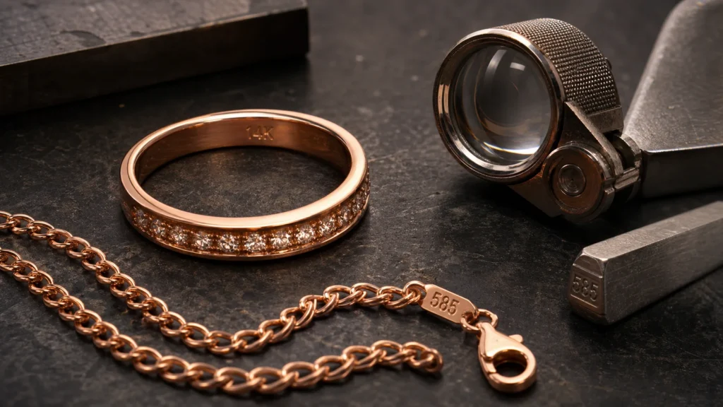 Rose gold ring and chain with jeweler loupe and 14K hallmark for authenticity testing
