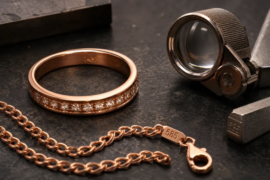 Rose gold ring and chain with jeweler loupe and 14K hallmark for authenticity testing