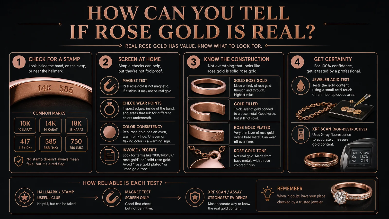 Infographic explaining hallmark, magnet, wear point, construction, and jeweler tests for real rose gold