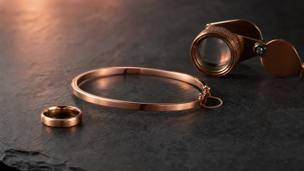Tasteful rose gold jewelry on a dark stone surface
