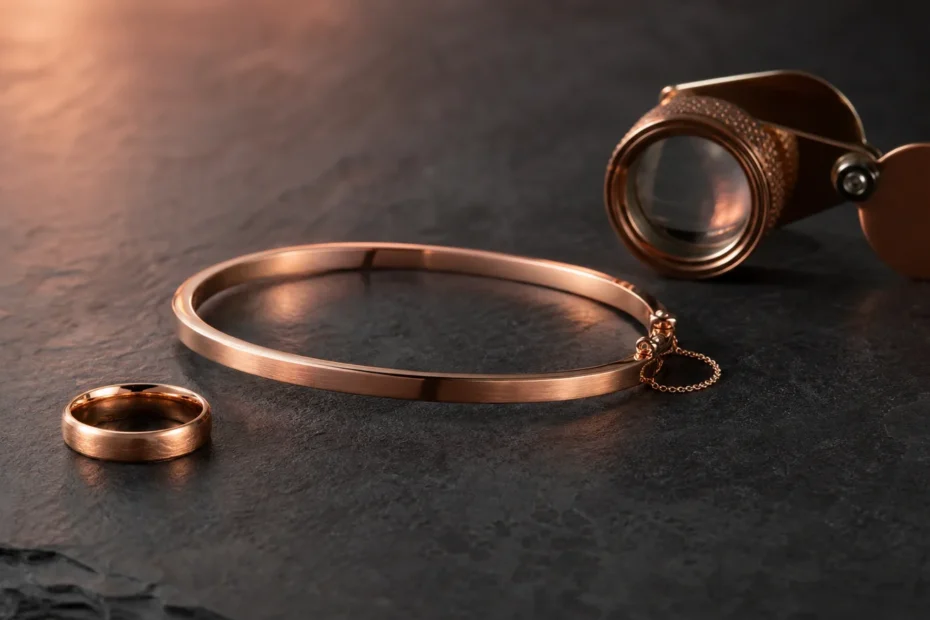 Tasteful rose gold jewelry on a dark stone surface