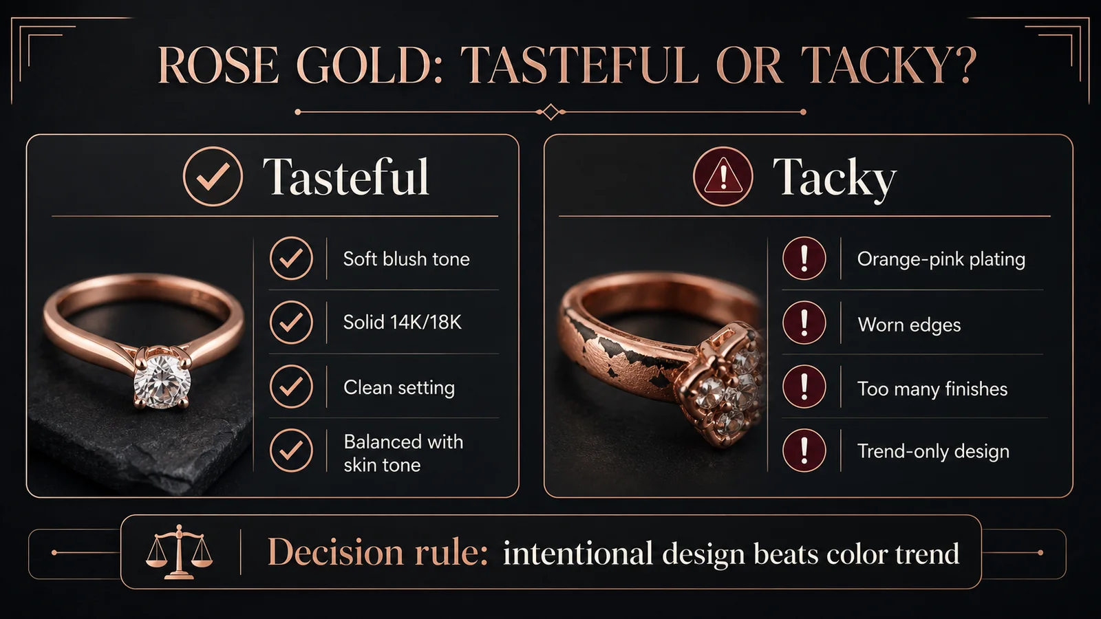 Infographic comparing tasteful rose gold choices with tacky rose gold warning signs