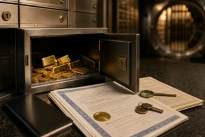 Gold bars and coins stored in a bank safe deposit box beside insurance and appraisal paperwork