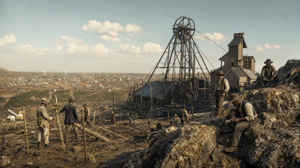 Historical view of Witwatersrand mine headgear and early Johannesburg during the South African Gold Rush