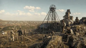 Historical view of Witwatersrand mine headgear and early Johannesburg during the South African Gold Rush