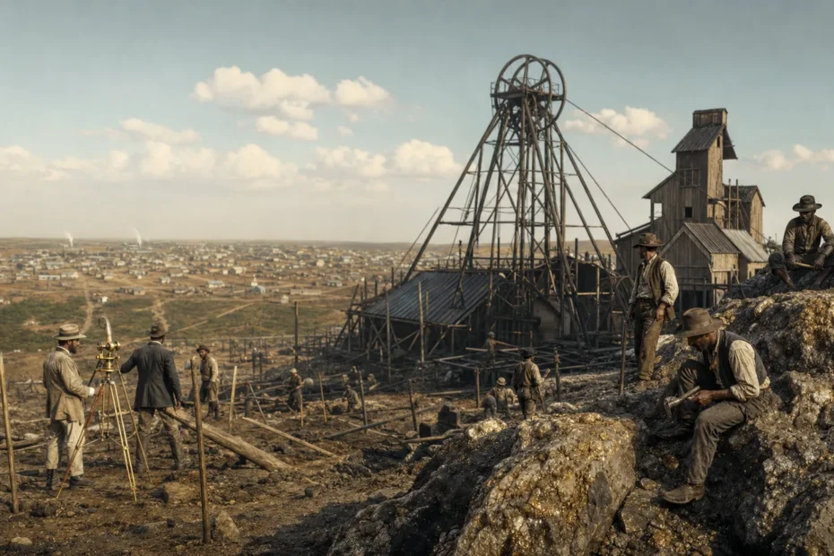 Historical view of Witwatersrand mine headgear and early Johannesburg during the South African Gold Rush