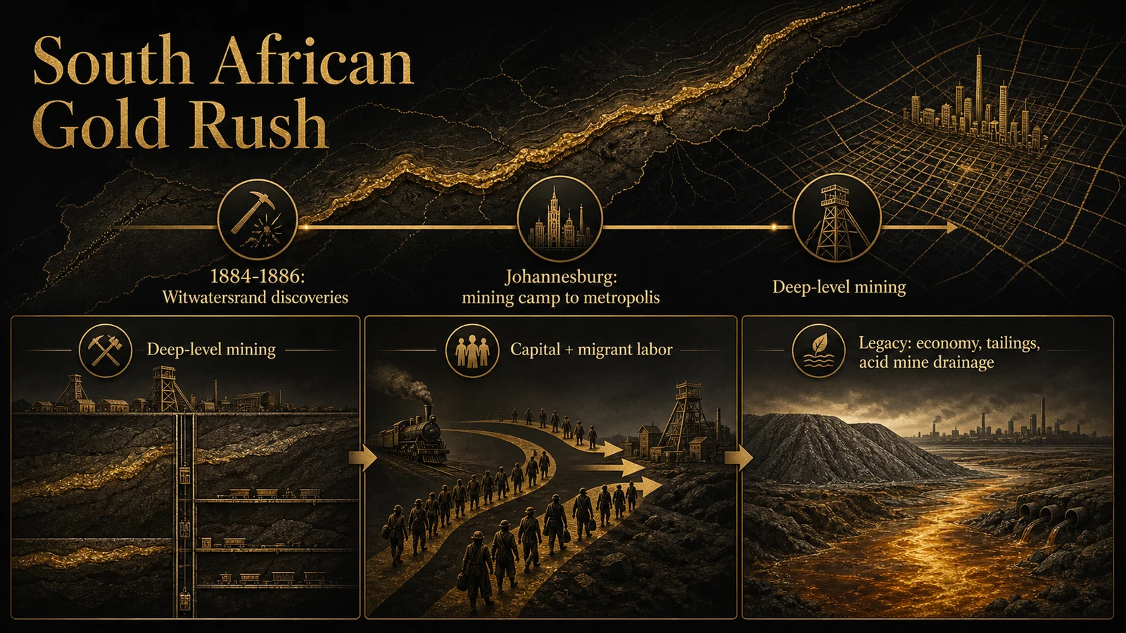 Infographic timeline of the South African Gold Rush from Witwatersrand discovery to Johannesburg, deep-level mining, migrant labor, and environmental legacy
