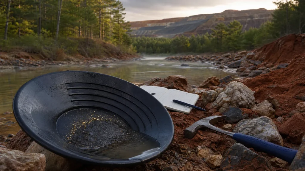 Gold pan and Carolina red clay creek near South Carolina gold mining terrain