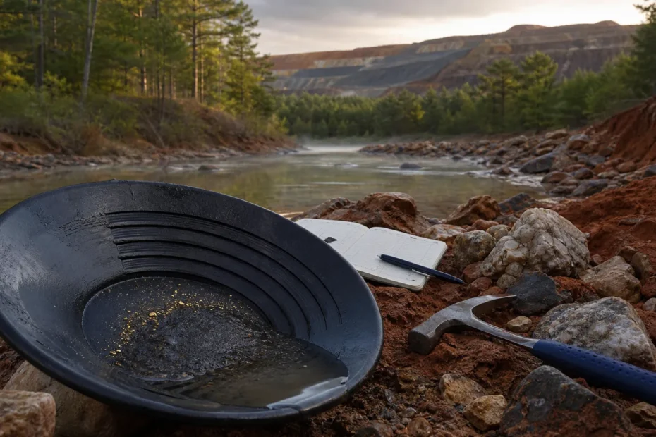 Gold pan and Carolina red clay creek near South Carolina gold mining terrain