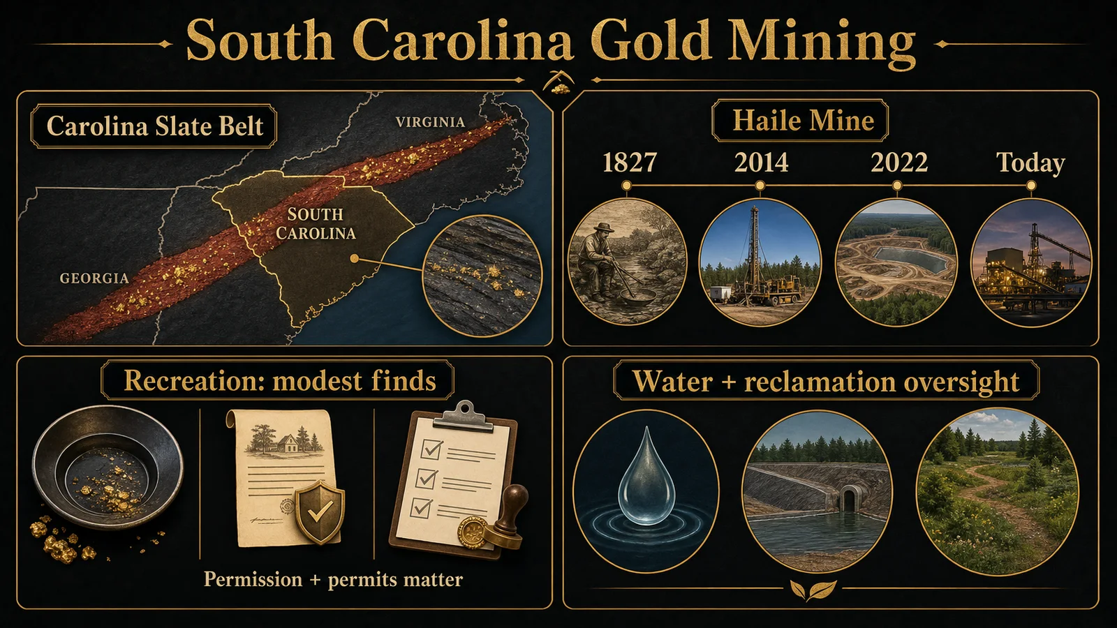 Infographic explaining South Carolina gold mining, Haile Mine, the Carolina Slate Belt, recreation rules, and environmental oversight
