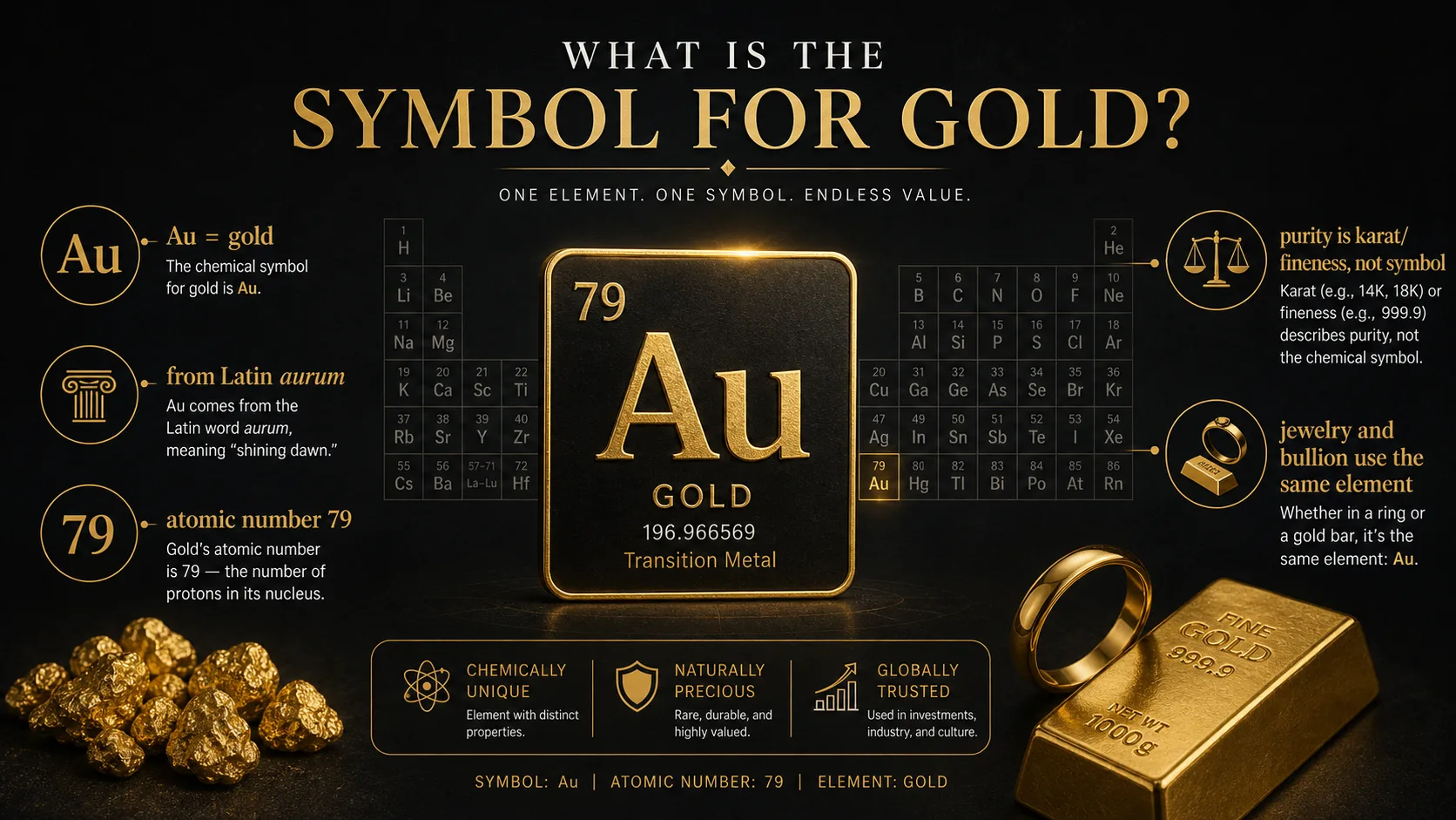 Infographic explaining Au, aurum, atomic number 79, and gold purity marks
