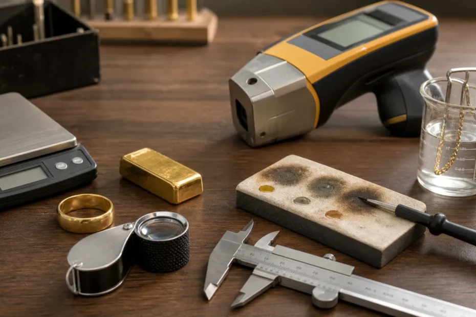 Gold purity testing tools on a jeweler workbench