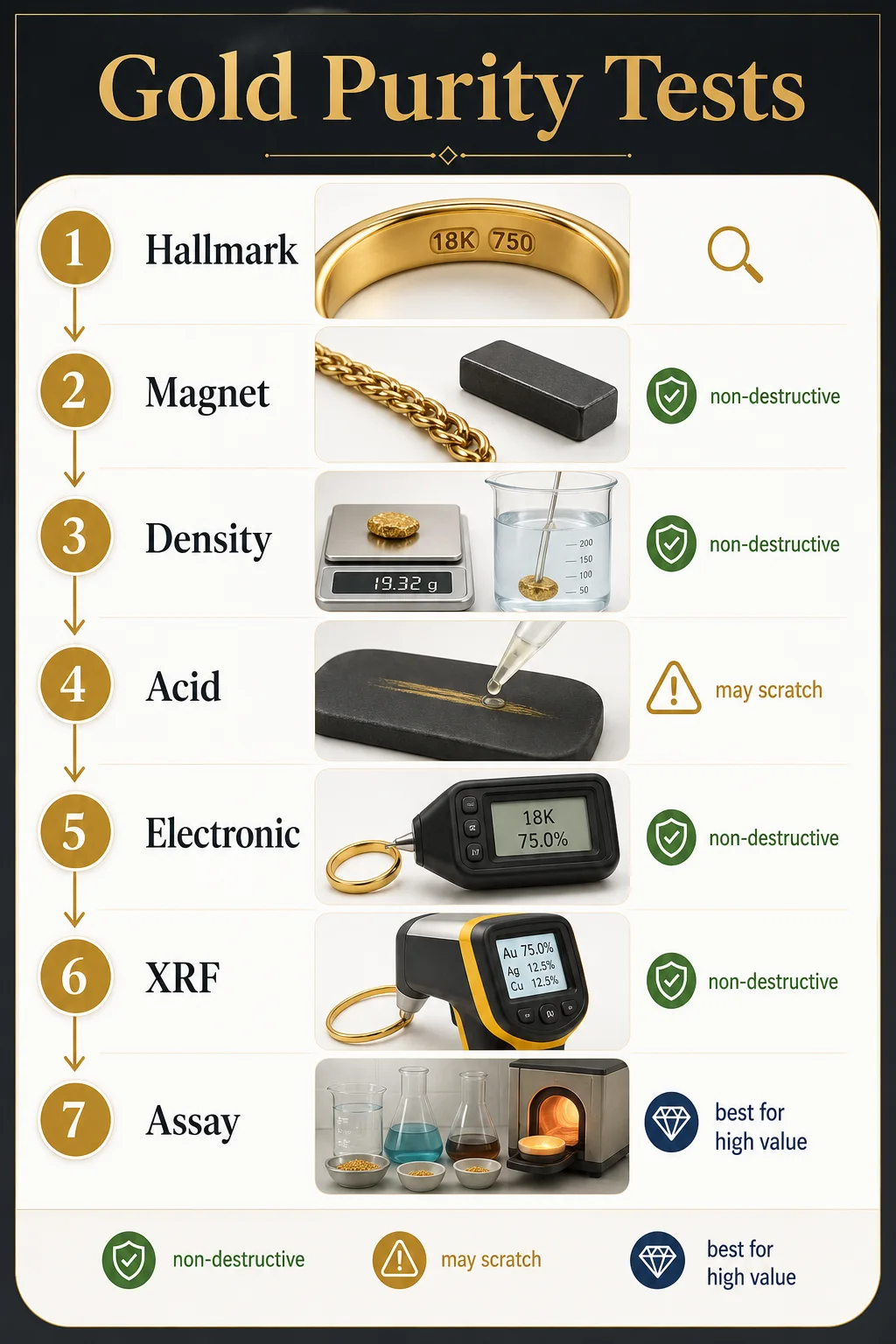 Infographic comparing gold purity tests from hallmark inspection to assay