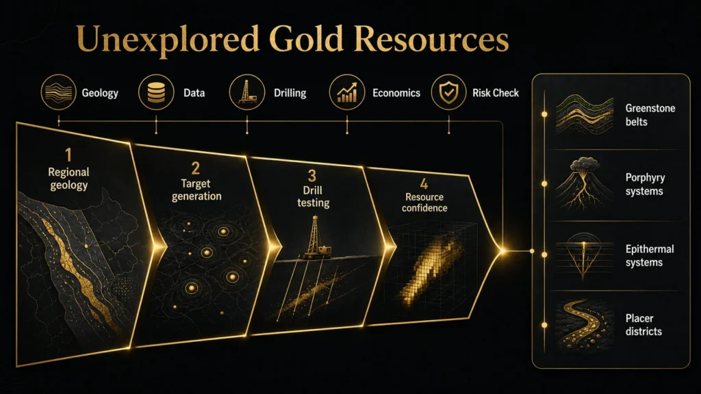 Field geology scene with drill core trays for unexplored gold resources