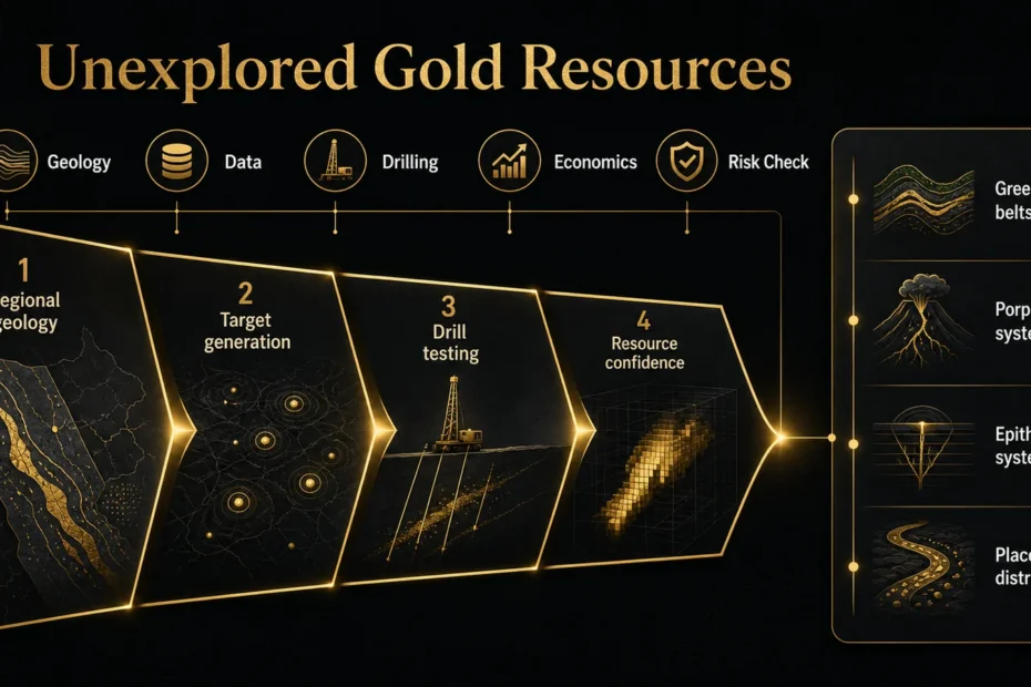 Field geology scene with drill core trays for unexplored gold resources