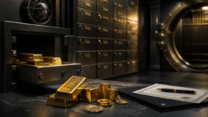 Gold bars and coins in a secure vault with safe deposit boxes and documentation