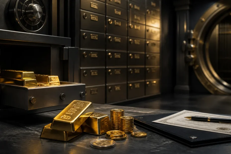 Gold bars and coins in a secure vault with safe deposit boxes and documentation