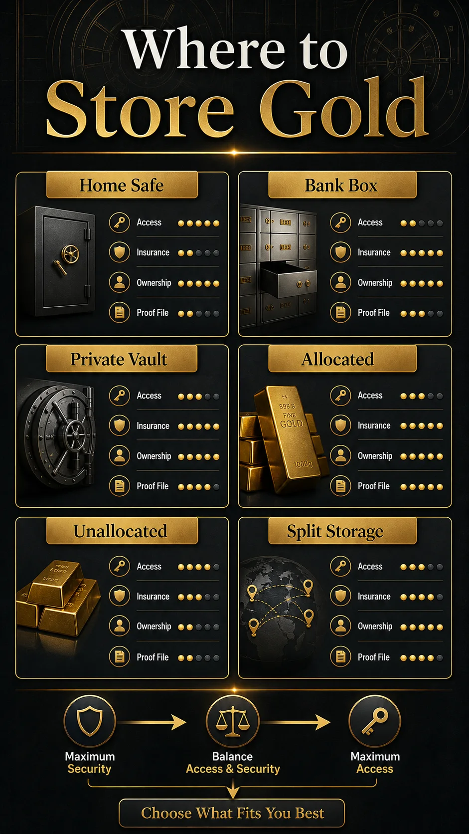Infographic comparing home safe, bank box, private vault, allocated, unallocated, and split gold storage by access, insurance, ownership, and proof file
