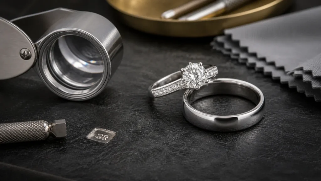 White gold rings with jeweler loupe and hallmark stamp for authenticity checking