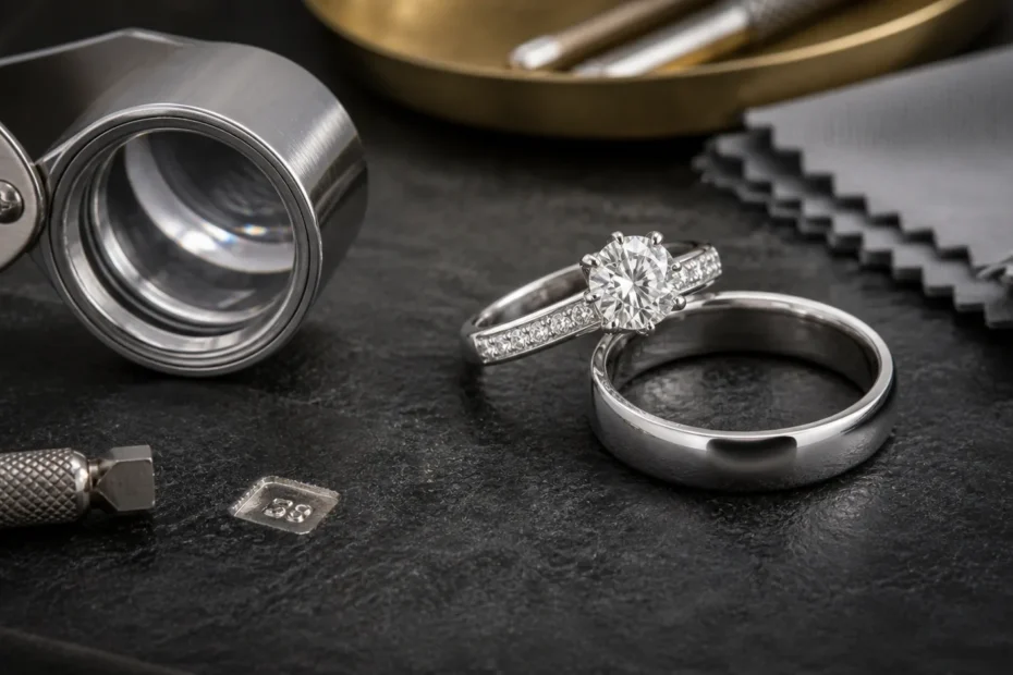 White gold rings with jeweler loupe and hallmark stamp for authenticity checking