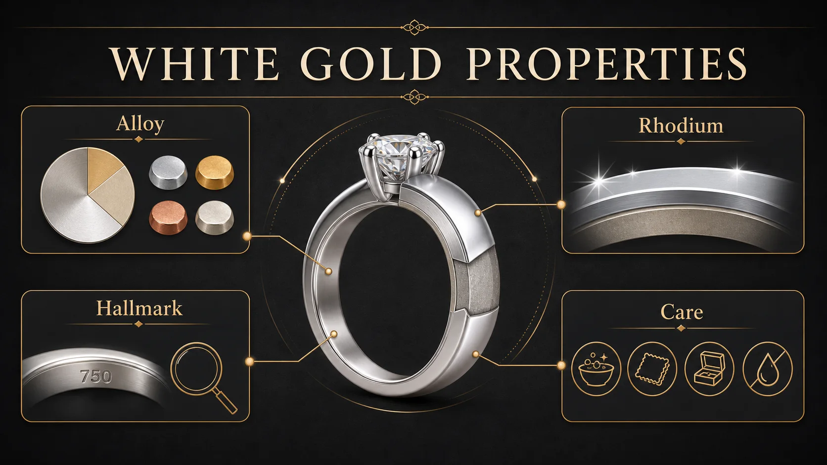 Infographic showing white gold alloy, rhodium plating, hallmark checks, and care basics