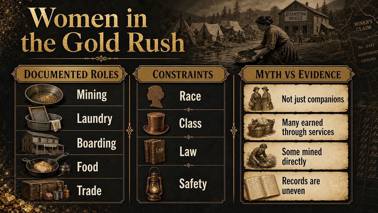 Infographic showing documented roles, constraints, and myths about women in the Gold Rush