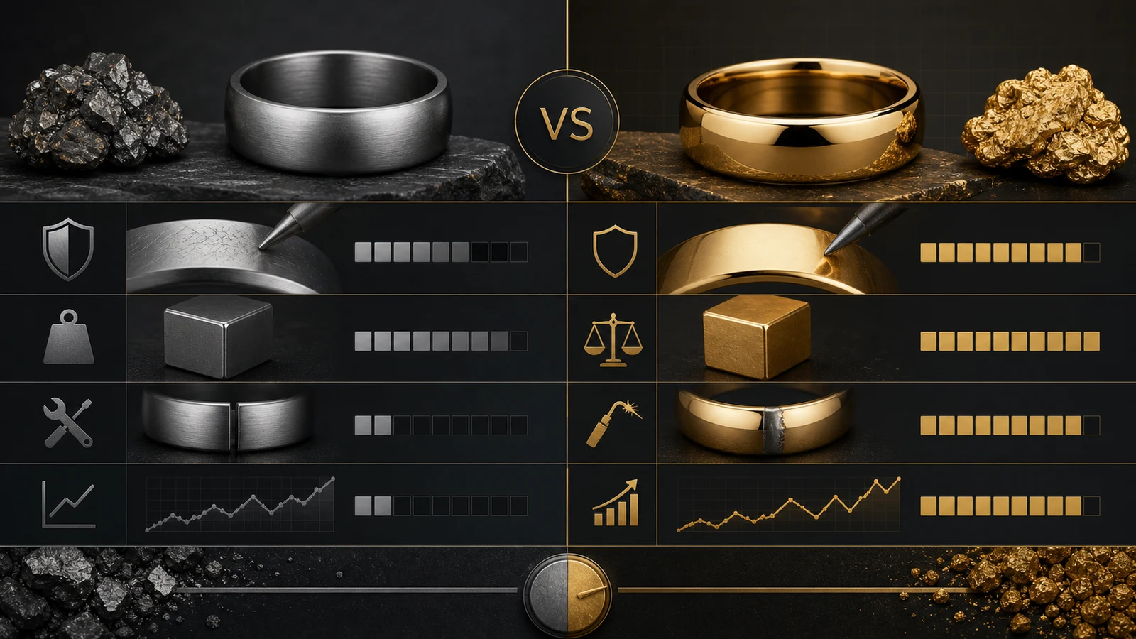 Professional infographic comparing titanium and gold hardness, density, repairability, and value