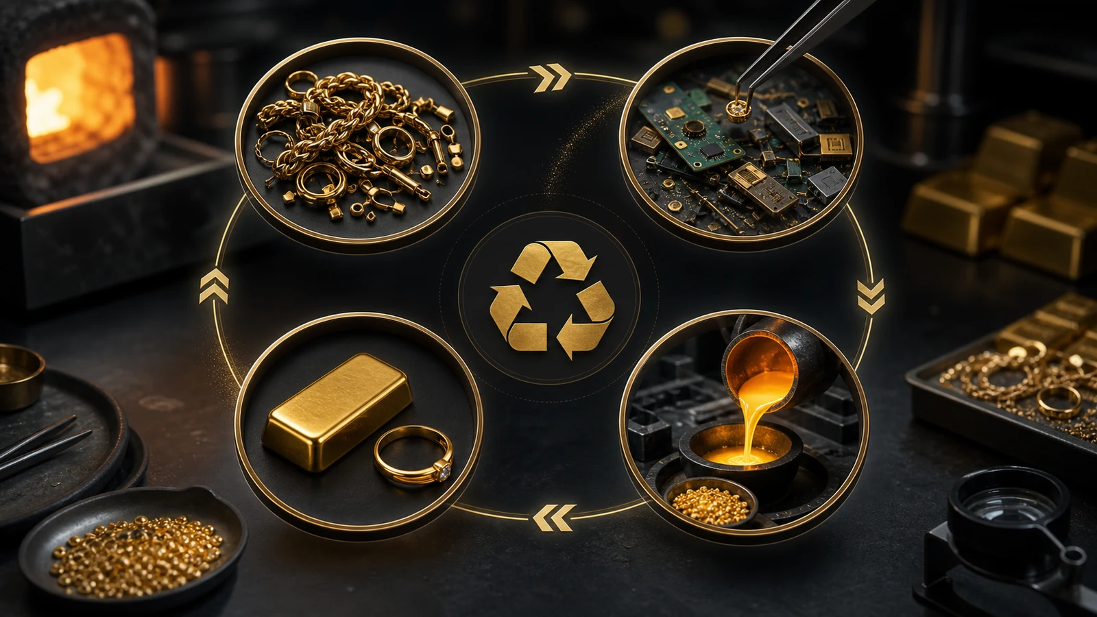 Professional infographic explaining gold recycling from jewelry scrap and electronics through refining and reuse