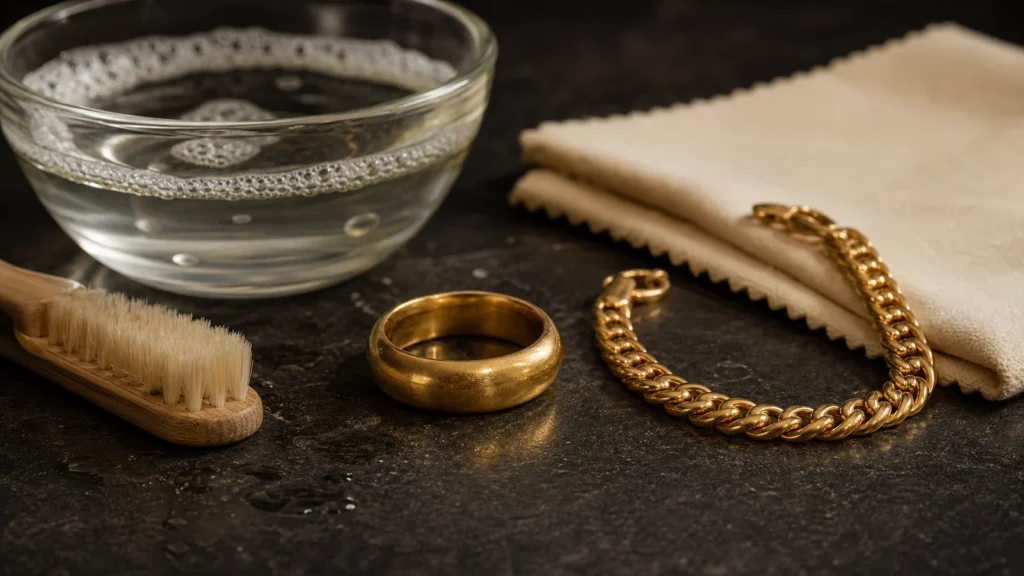 18K gold jewelry with polishing cloth and safe cleaning tools