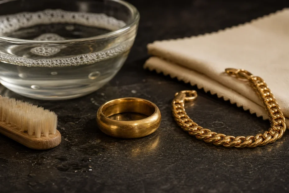 18K gold jewelry with polishing cloth and safe cleaning tools