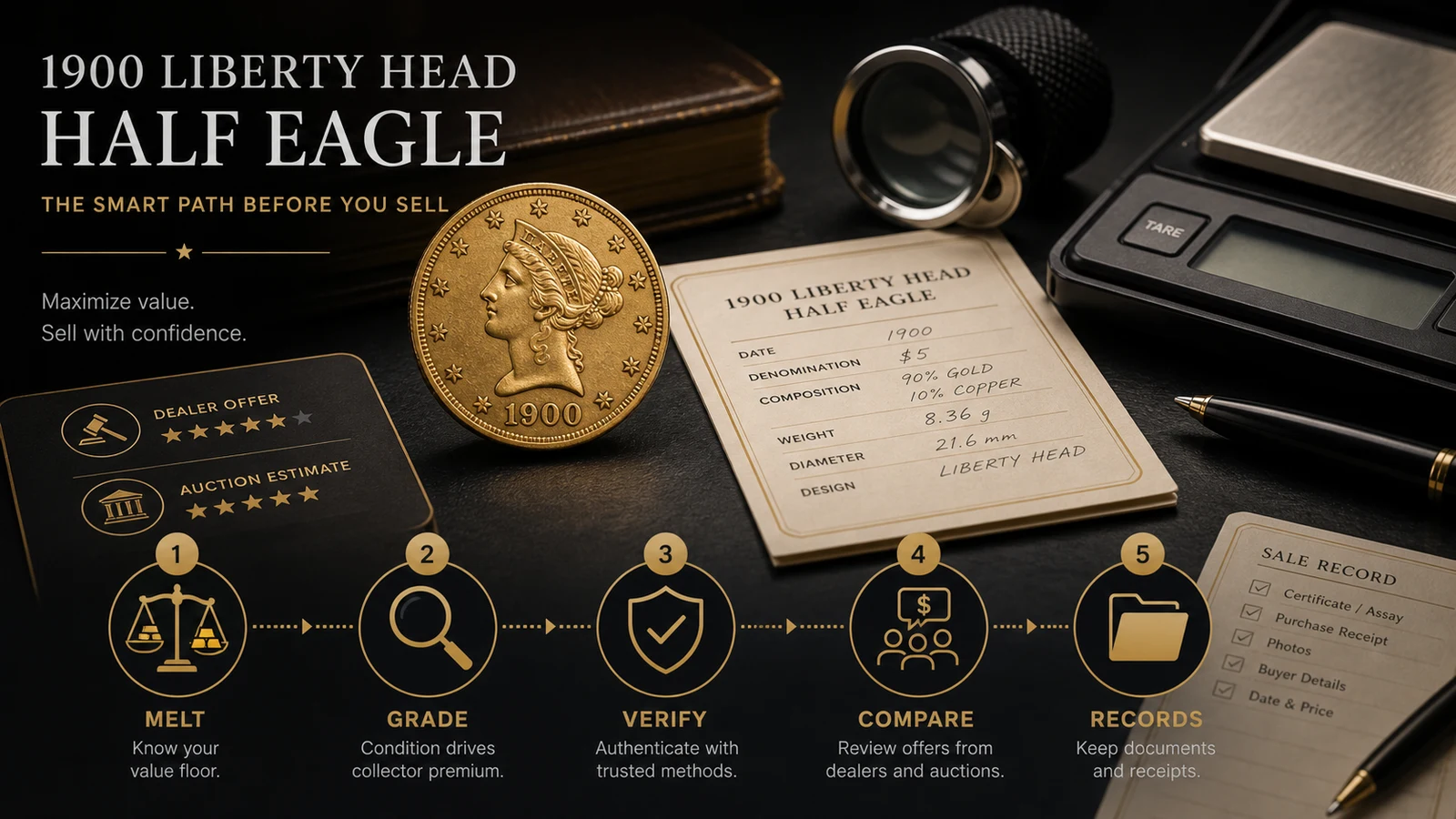 1900 Liberty Head Half Eagle selling decision infographic with melt value, grading, verification, offer comparison, and records