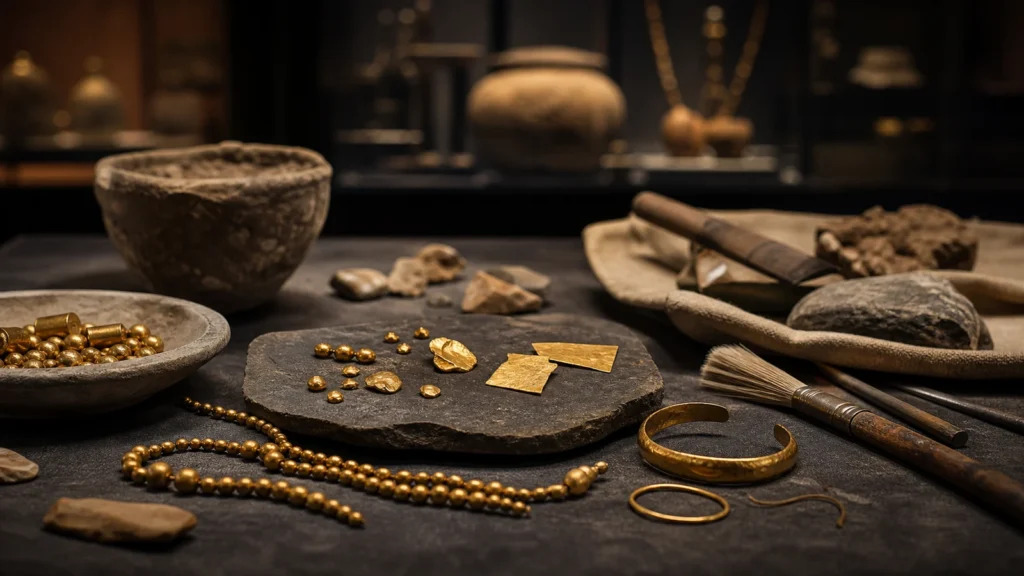 Ancient gold artifacts on an archaeological museum table