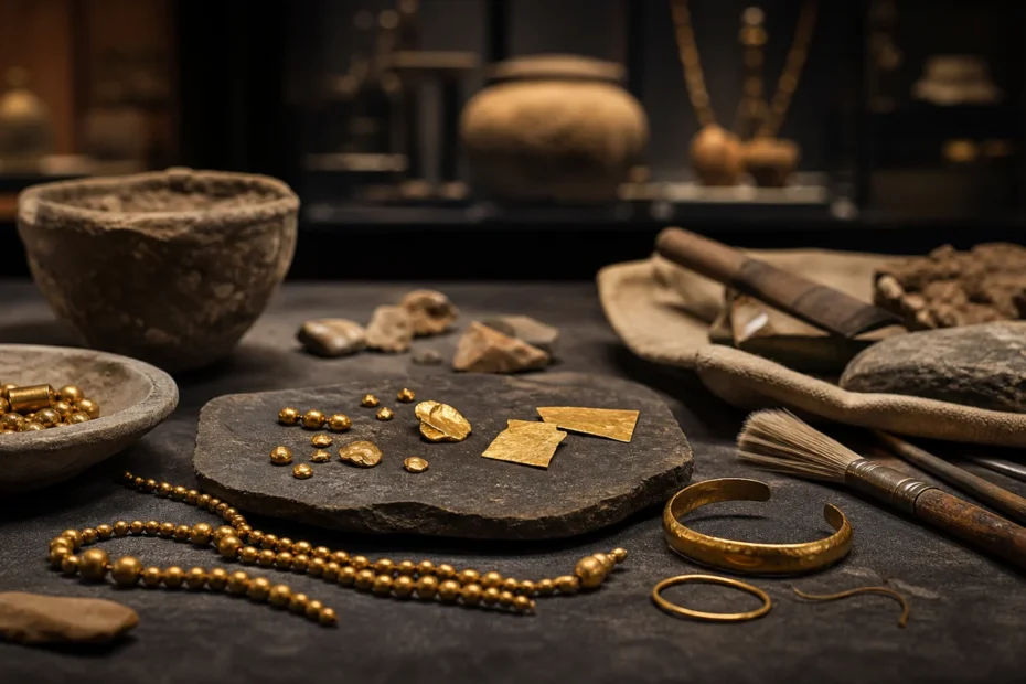 Ancient gold artifacts on an archaeological museum table