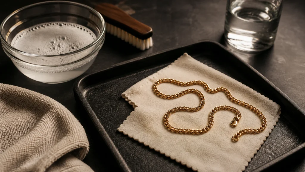 Gold chain with mild soap, soft brush, and microfiber cloth