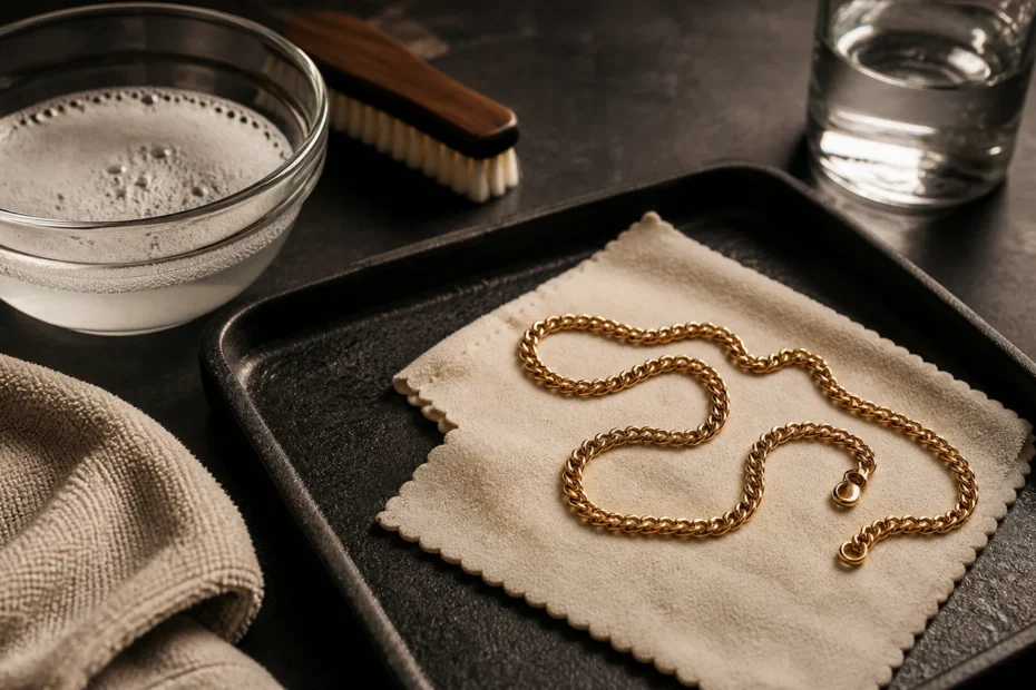 Gold chain with mild soap, soft brush, and microfiber cloth